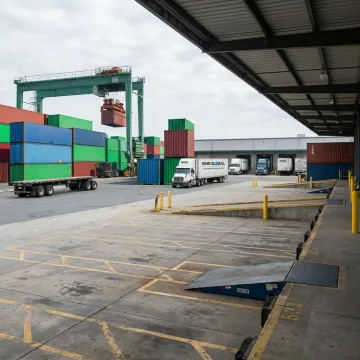 Freight trucks and containers moving through Delaware logistics hub