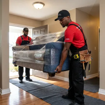 White glove delivery crew carrying protected furniture indoors