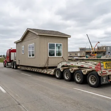 Specialized trailer transporting a modular building section
