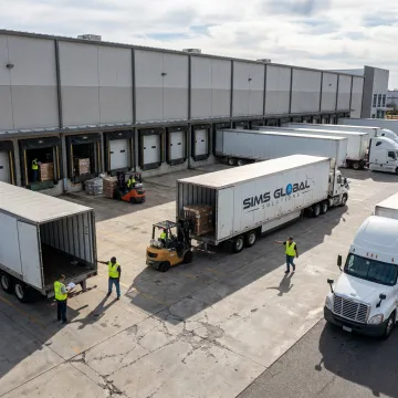 Freight trucks lined up at logistics warehouse