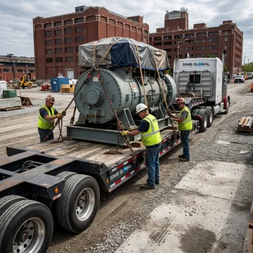 Heavy equipment loaded onto specialized trailer
