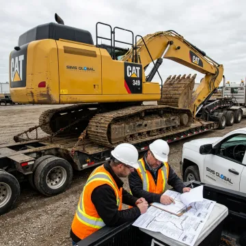 Heavy equipment being loaded onto a lowboy trailer