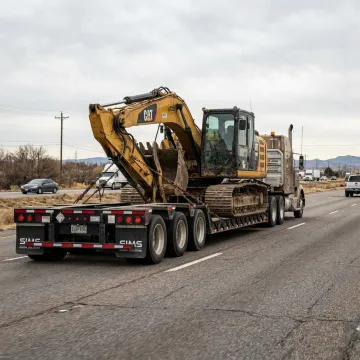Flatbed truck transporting heavy equipment