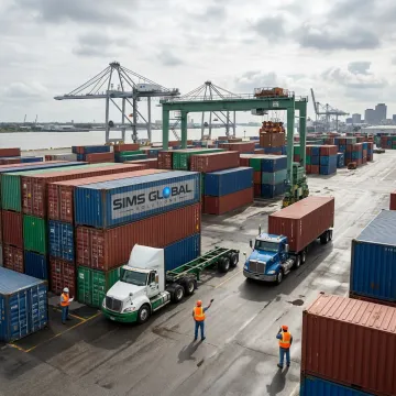 Freight containers and trucks at the Port of New Orleans
