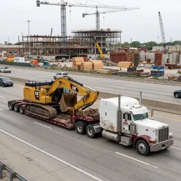 Heavy haul truck transporting construction equipment