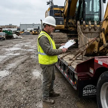 Heavy equipment being secured on a specialized trailer