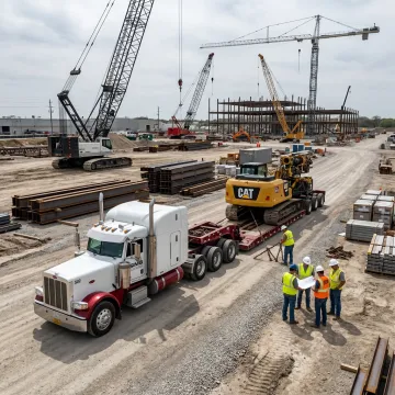 Construction logistics trucks moving heavy equipment