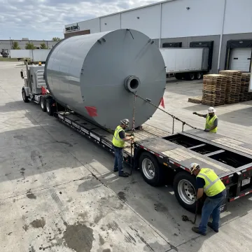 Specialized truck hauling heavy equipment