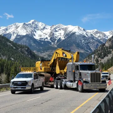 Heavy haul truck transporting construction equipment