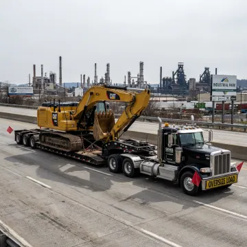 Heavy equipment loaded on a lowboy trailer in Pennsylvania