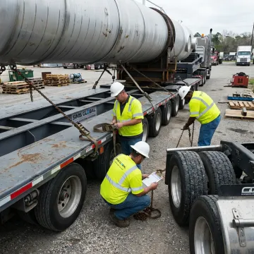 Heavy haul trailer being inspected before transport