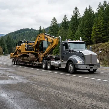 Flatbed truck hauling equipment in Oregon