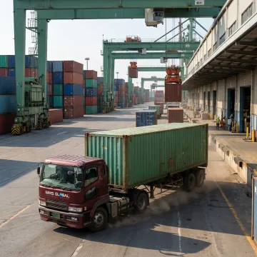 Container truck moving freight at a shipping yard