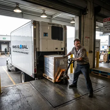 Refrigerated delivery truck being loaded