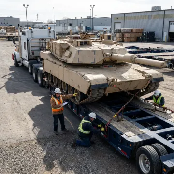 Heavy machinery secured on lowboy trailer