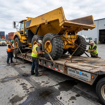 Flatbed truck being loaded with machinery