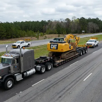 Heavy equipment secured on a lowboy trailer
