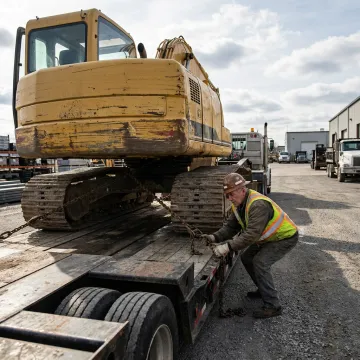 Heavy equipment being loaded onto a lowboy trailer