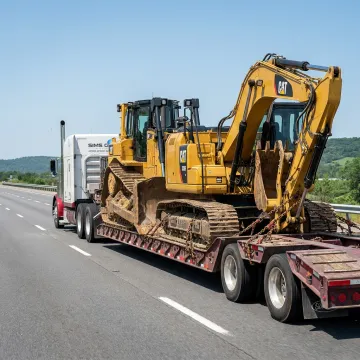 Heavy construction equipment transport on a lowboy trailer