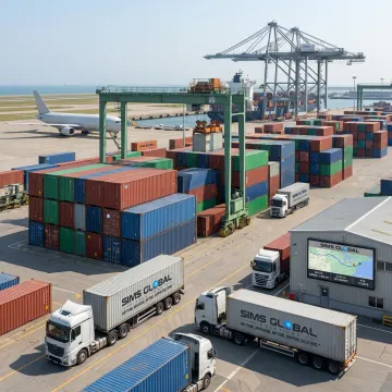 Global freight forwarding with trucks, containers, and cargo ships