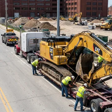 Heavy equipment being loaded onto a specialized trailer