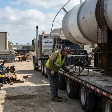 Heavy equipment being loaded onto a lowboy trailer