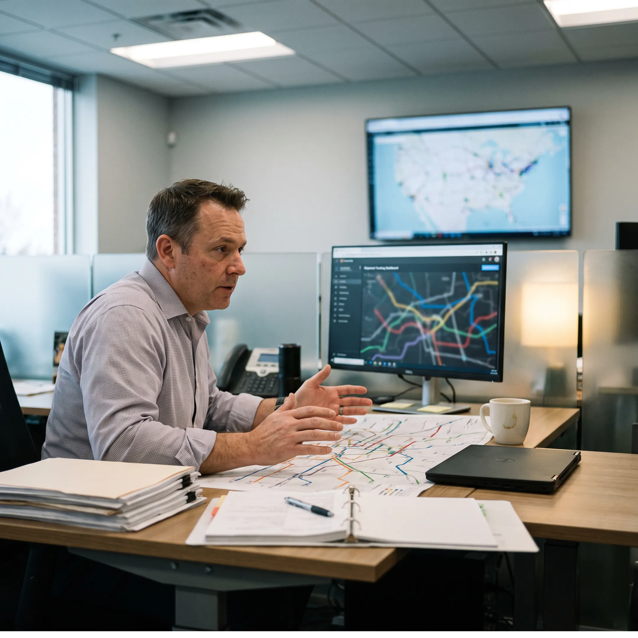 Logistics coordinator planning a flatbed freight route