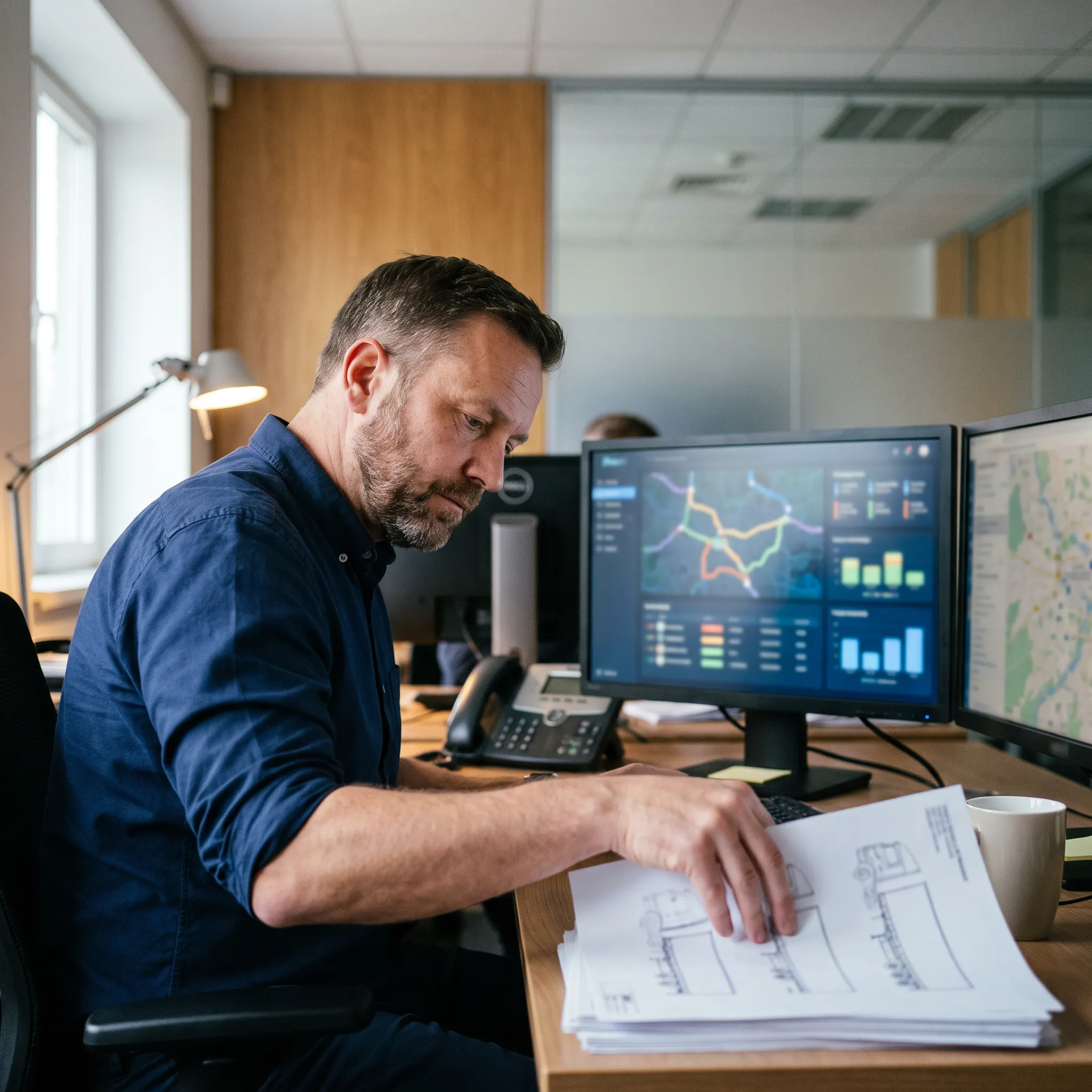 Logistics team planning forklift transport route