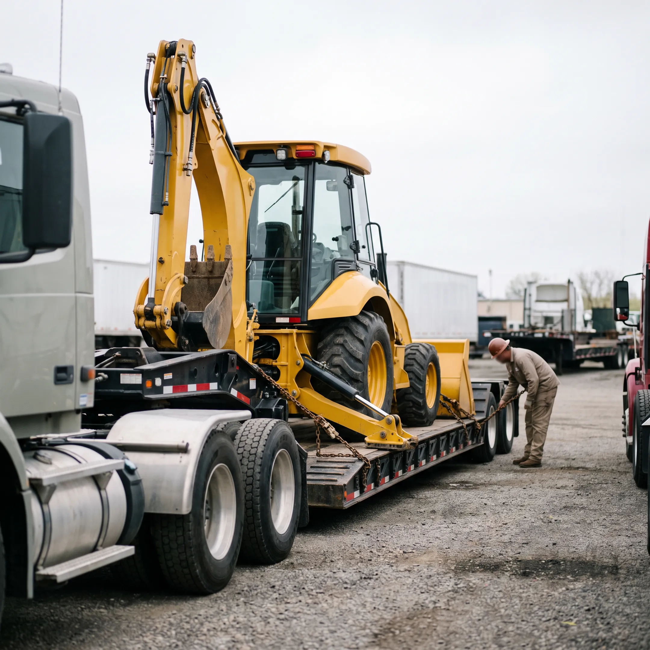Backhoe loaded on lowboy trailer for transport