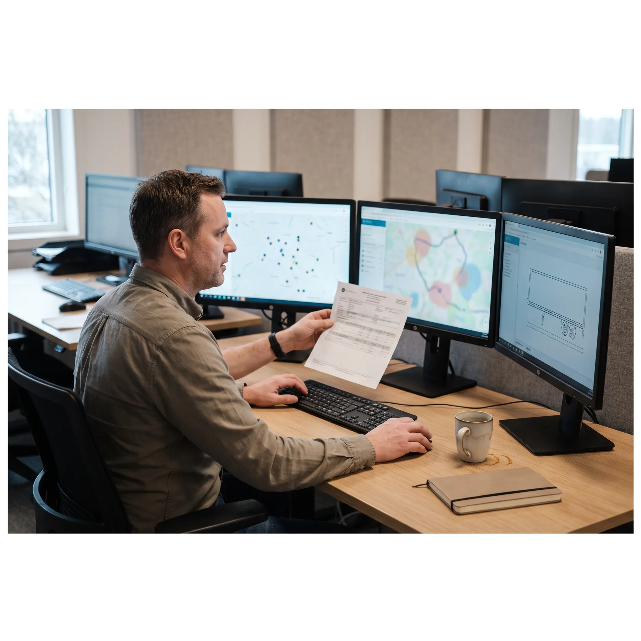 Logistics coordinator planning a flatbed trucking route