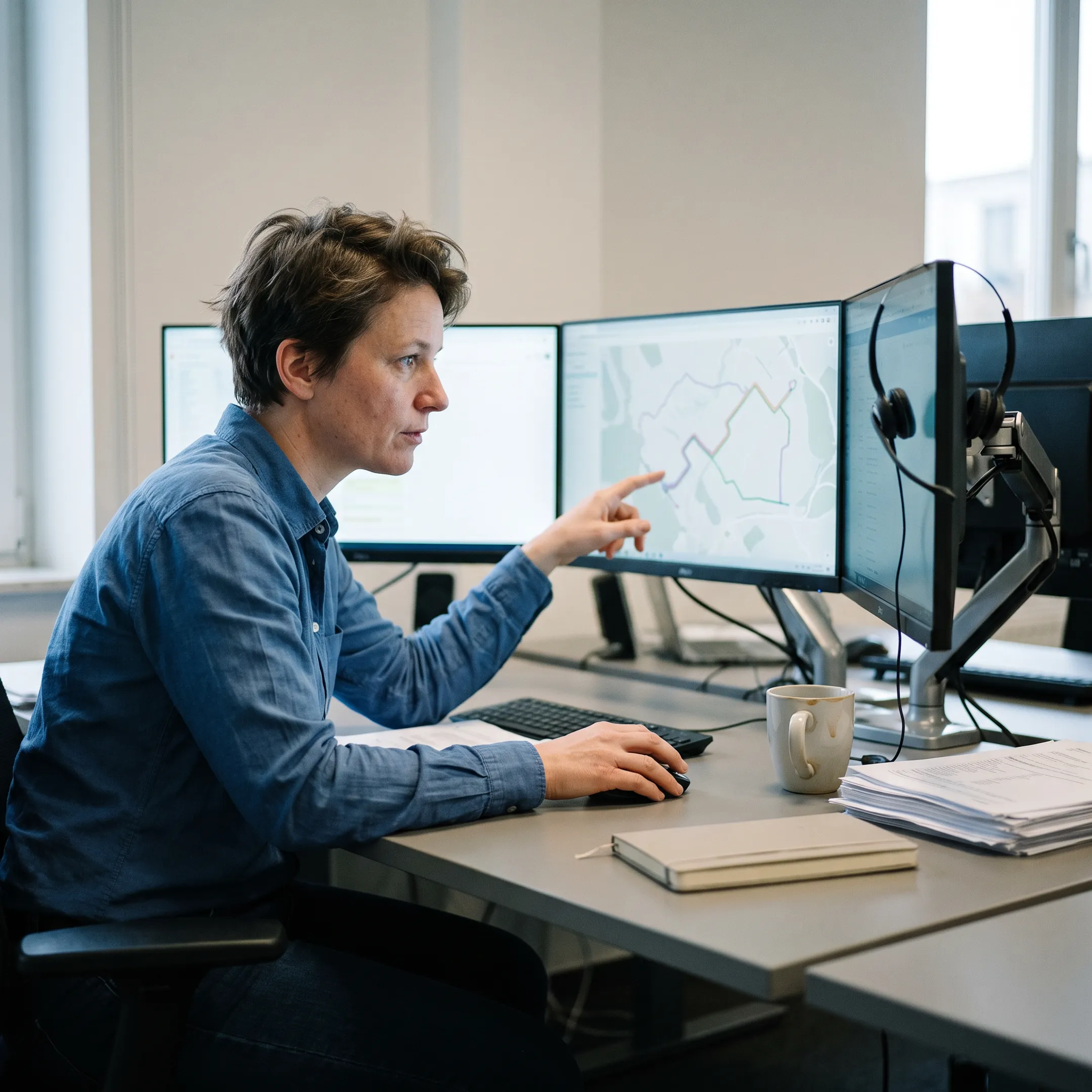 Logistics coordinator planning a flatbed freight route