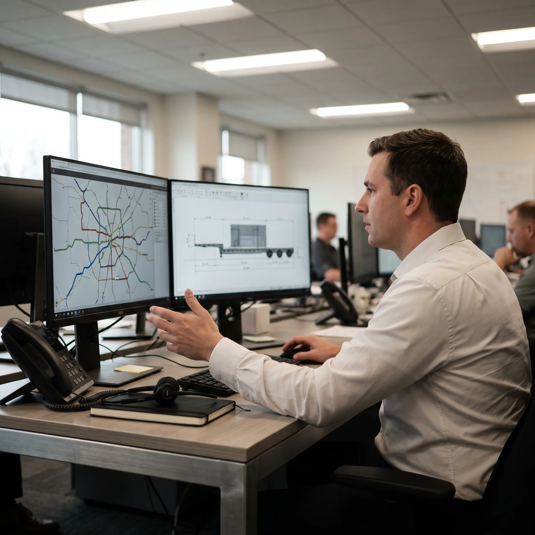 Logistics coordinator planning a flatbed shipment