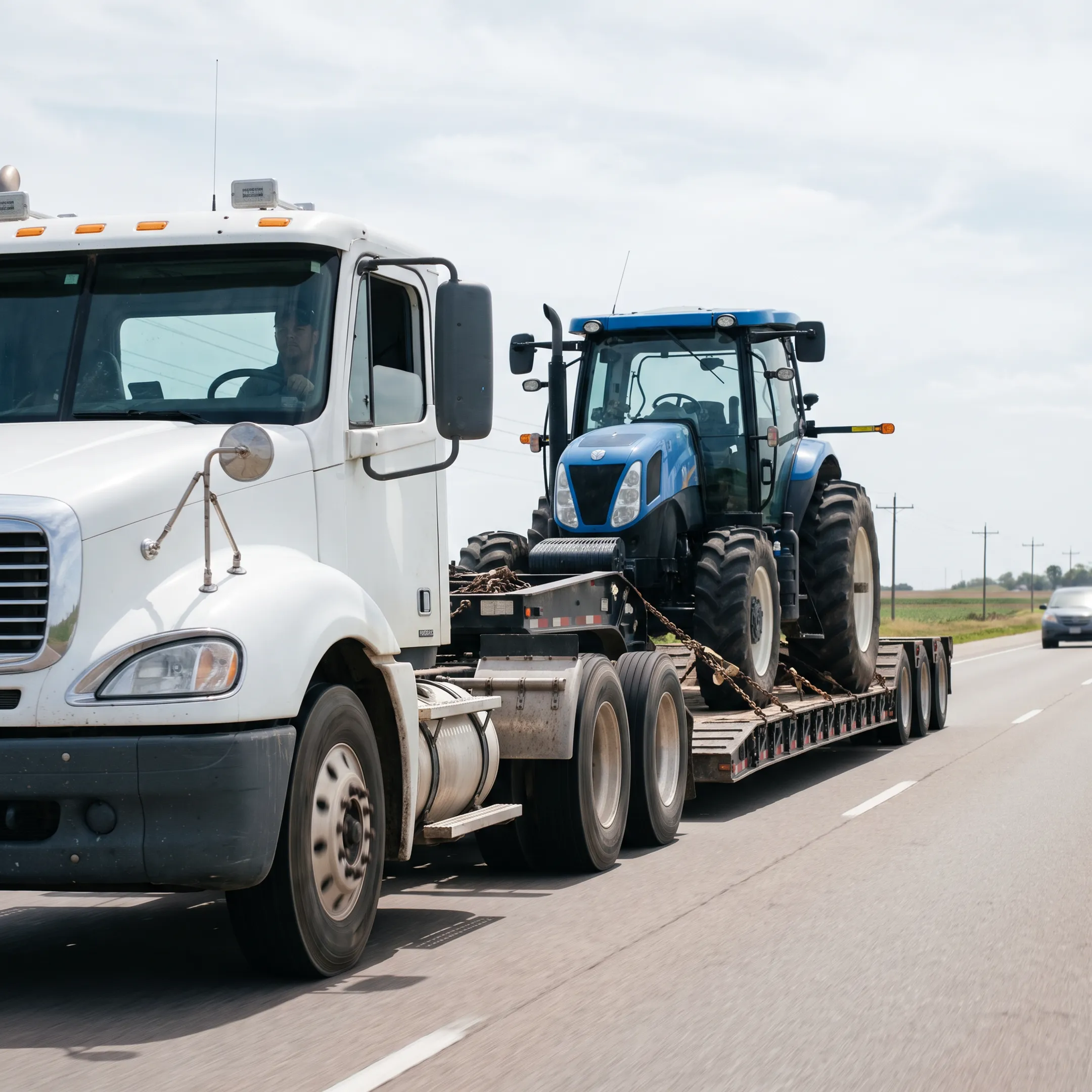 Heavy haul trailer transporting agricultural equipment