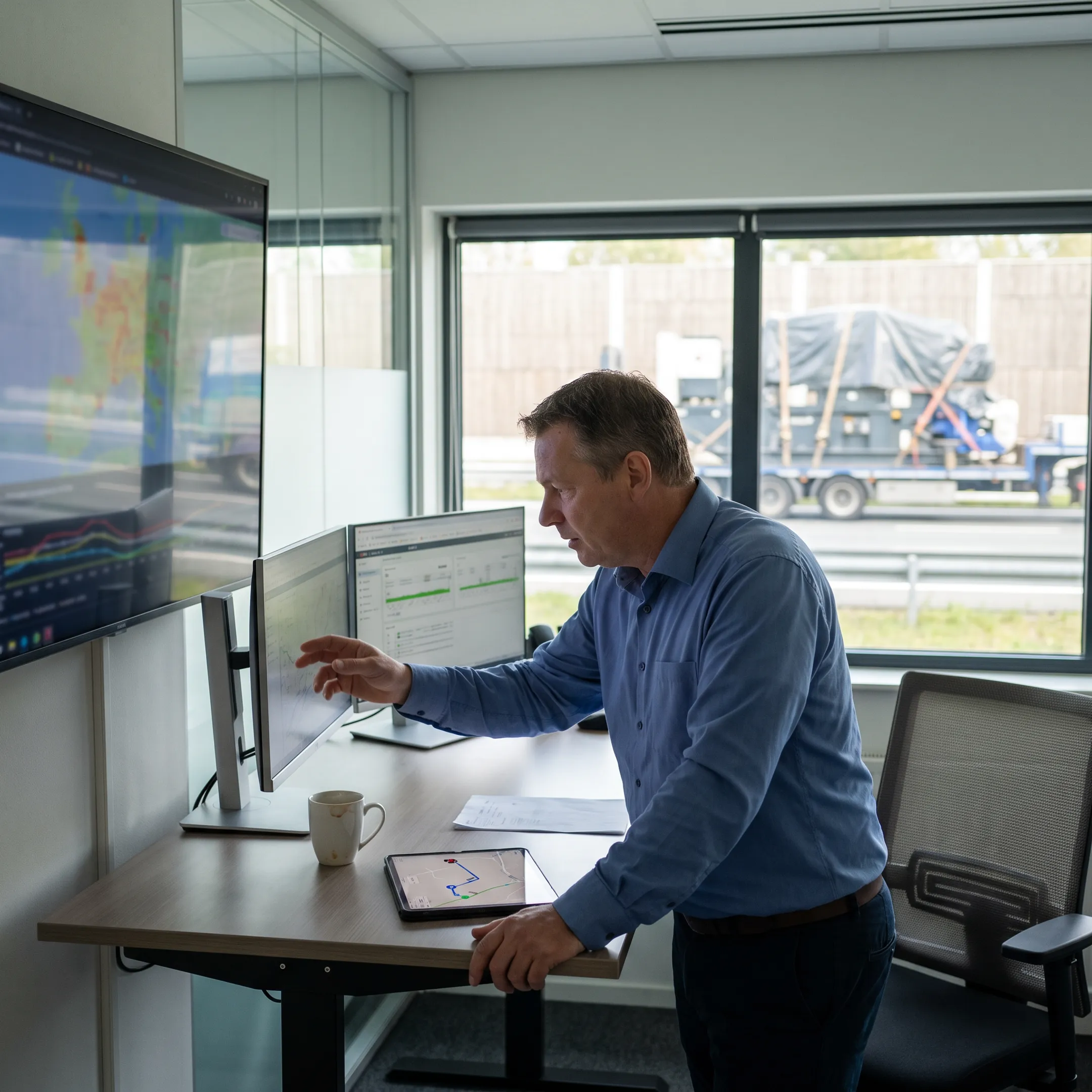 Logistics coordinator tracking a flatbed freight shipment