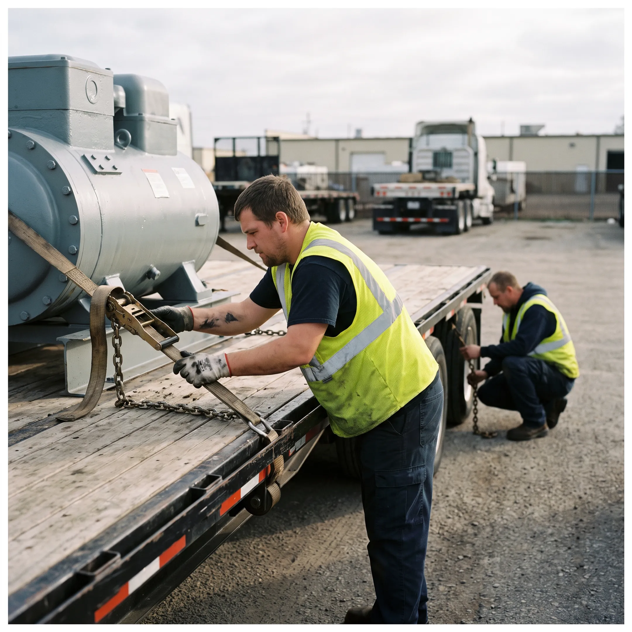 Flatbed truck being loaded with machinery