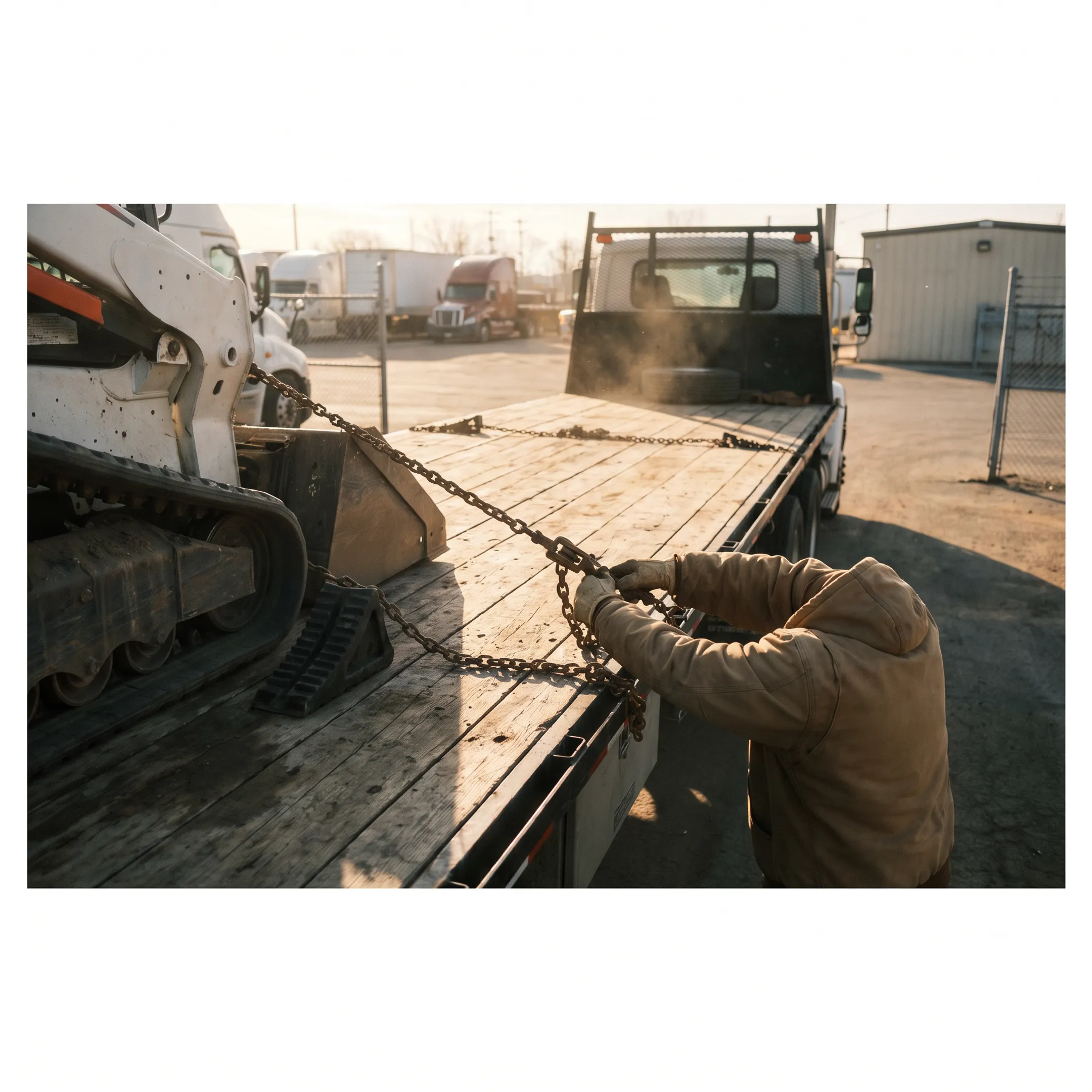 Flatbed trailer being loaded with machinery
