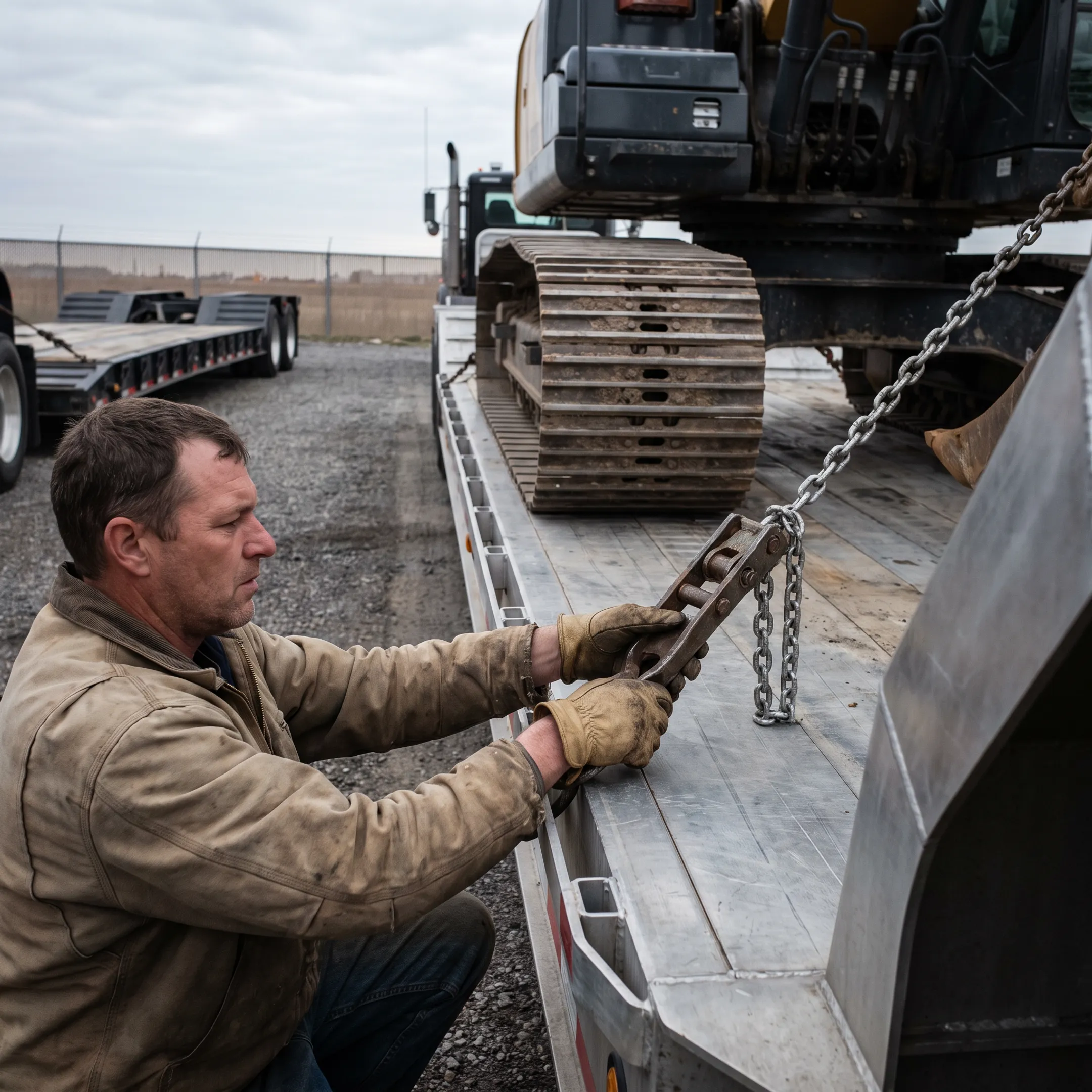 Heavy equipment being loaded onto a lowboy trailer