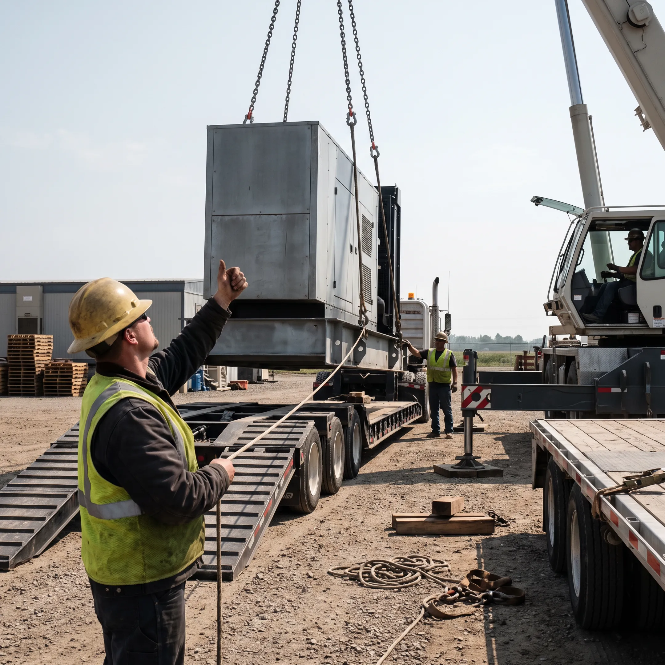 Rigging crew positioning heavy machinery