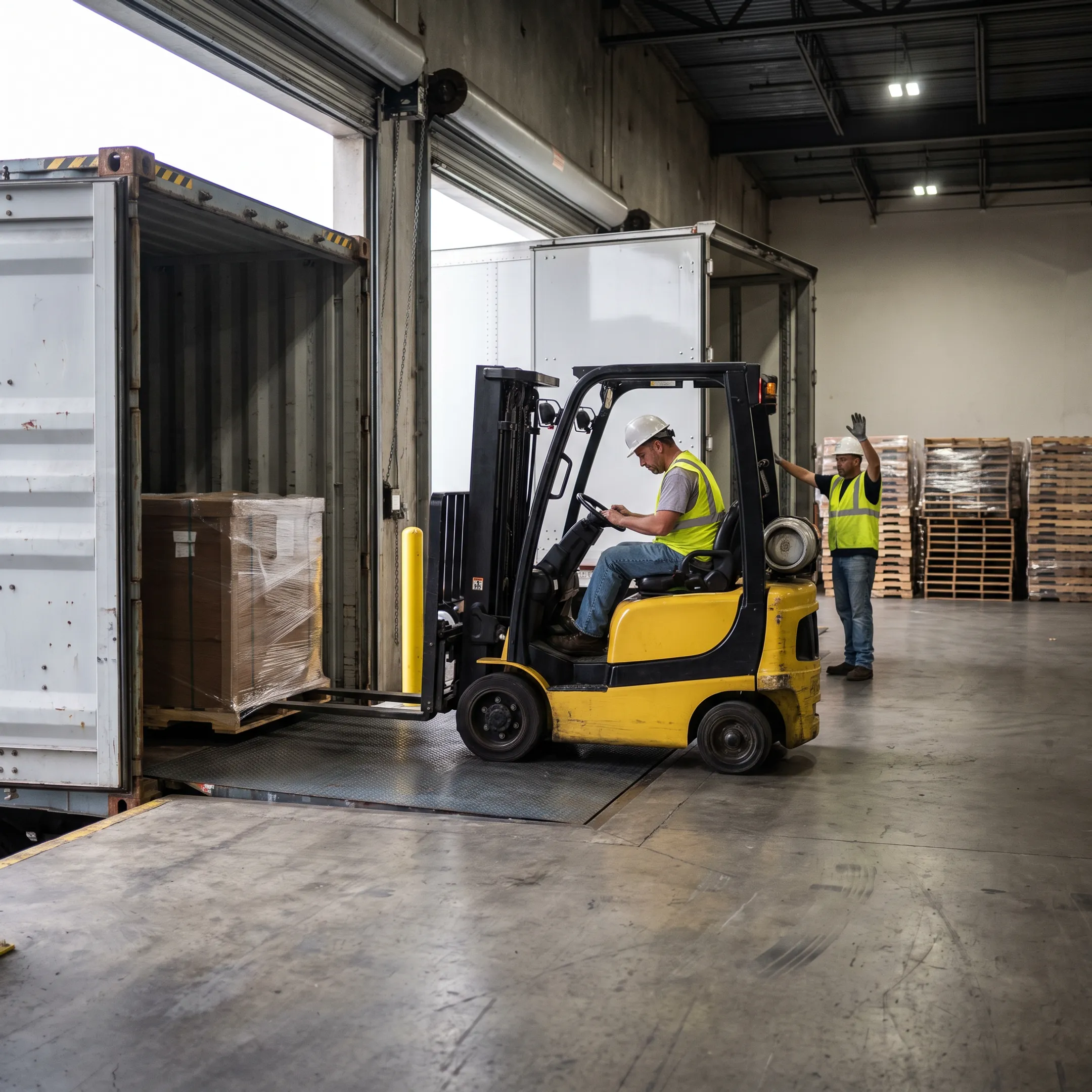 Freight being transferred at a warehouse dock