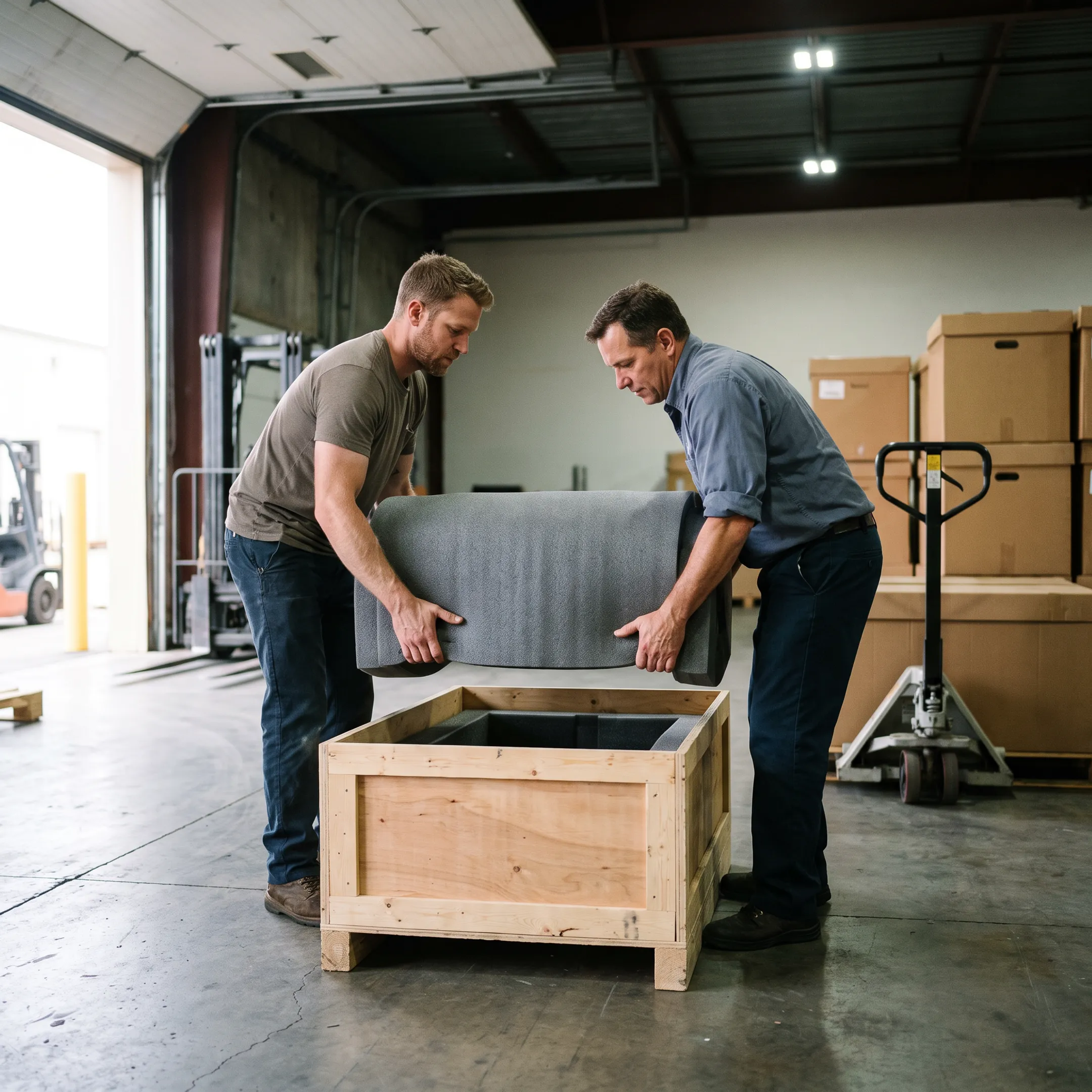 White glove movers setting up delivered equipment