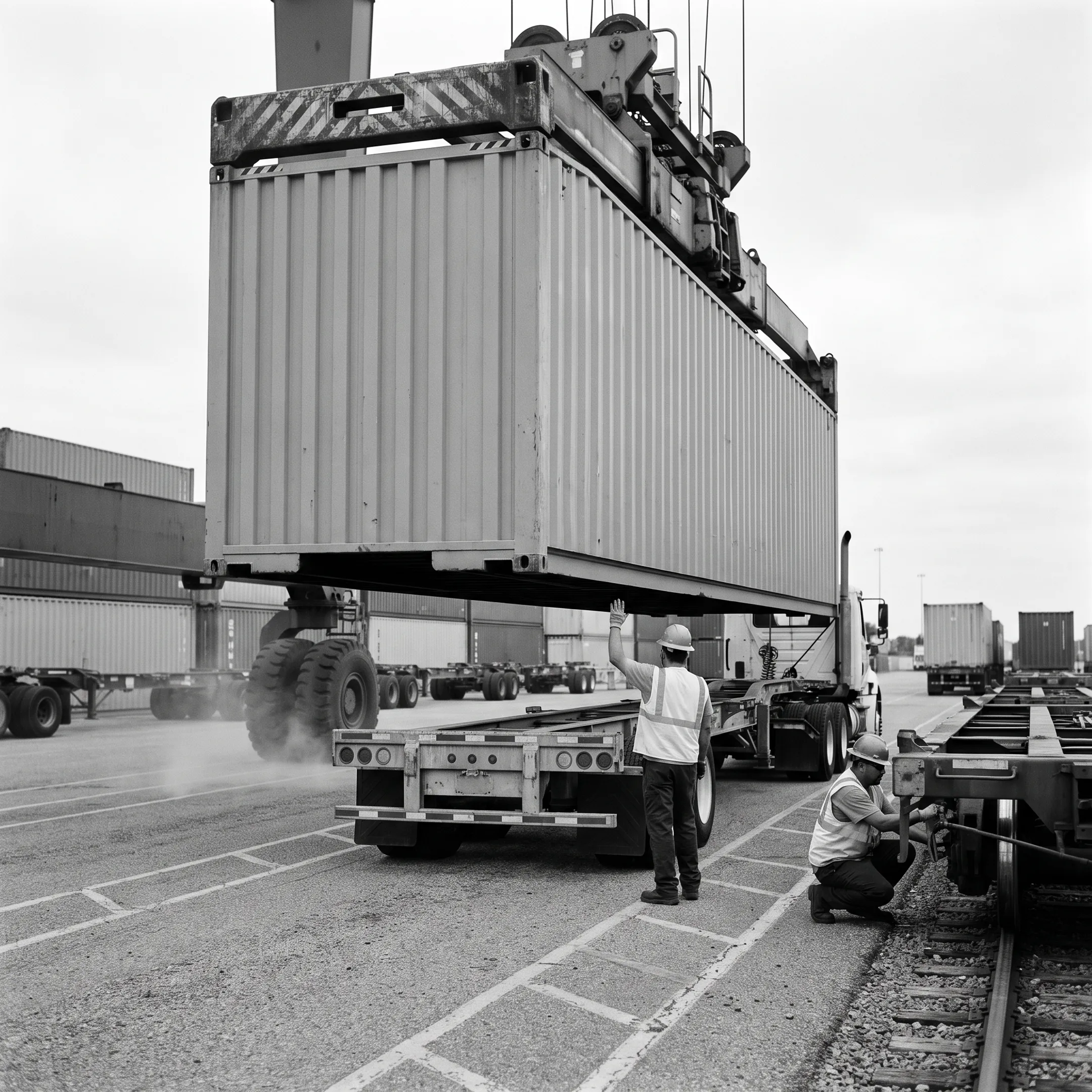 Intermodal freight container transfer at rail terminal