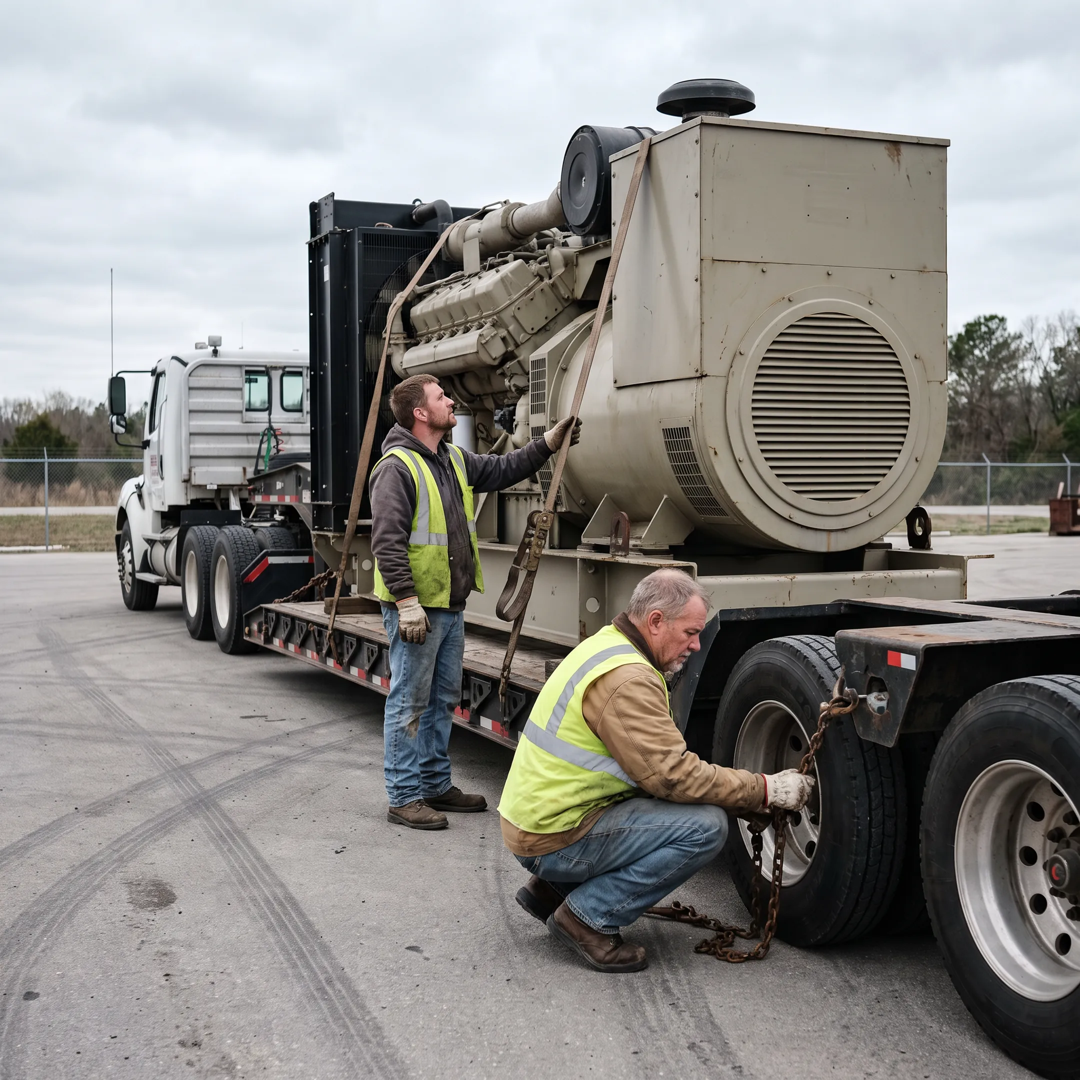 Heavy haul trailer being inspected before transport