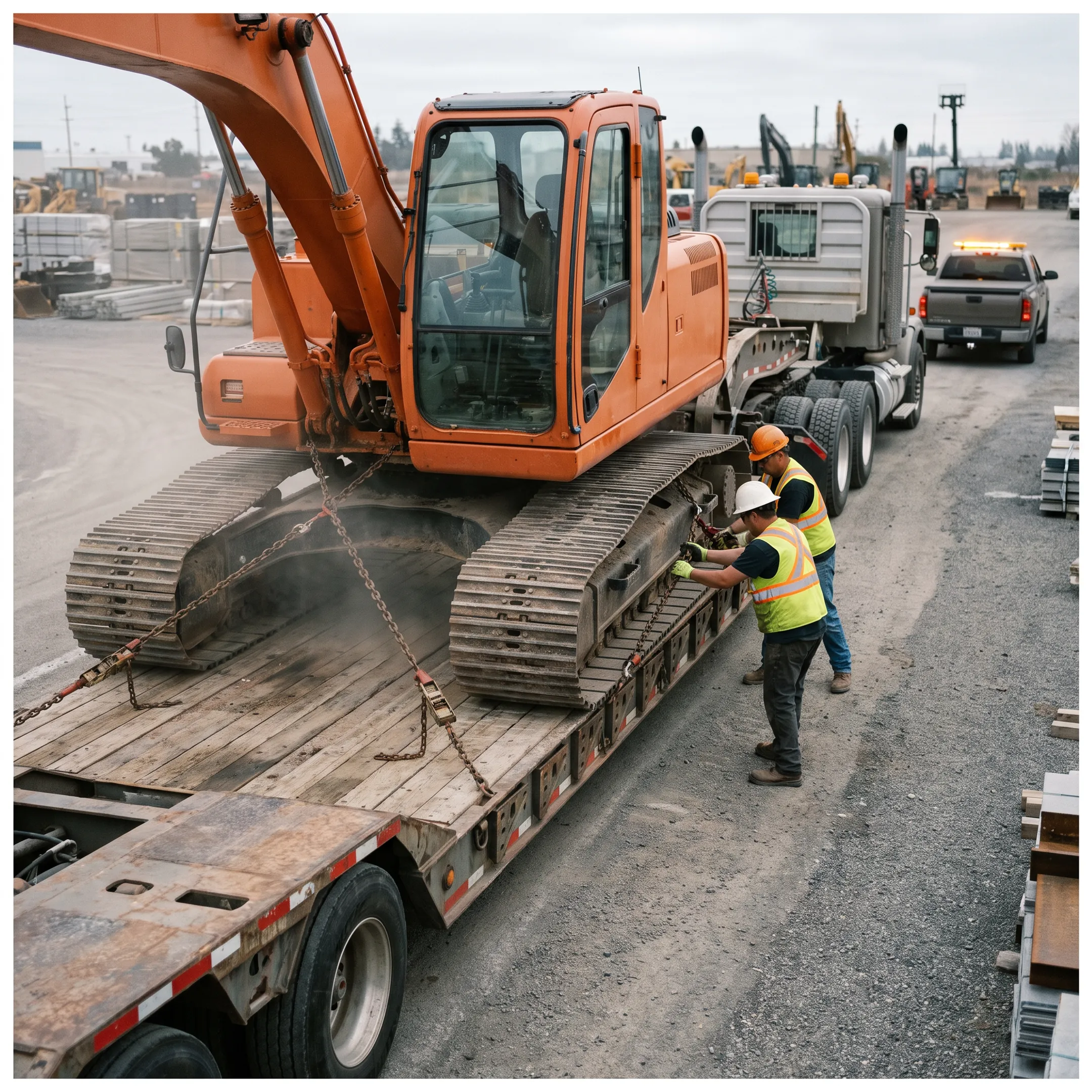 Heavy equipment being loaded onto a specialized trailer