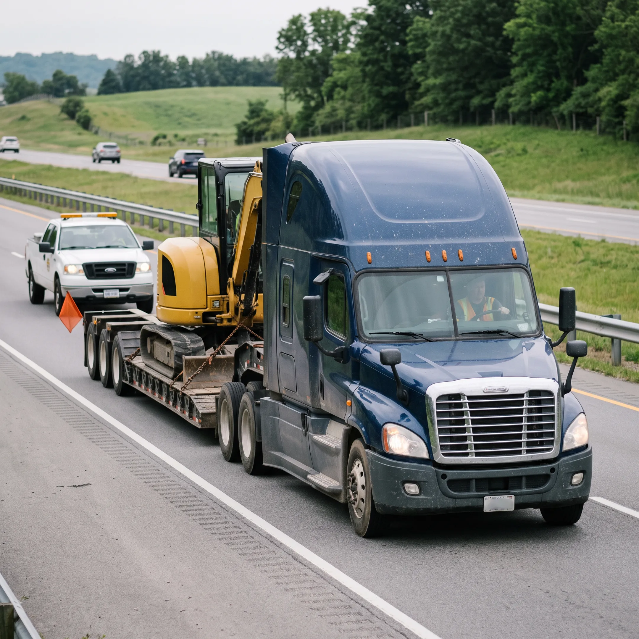 Heavy equipment secured on a lowboy trailer