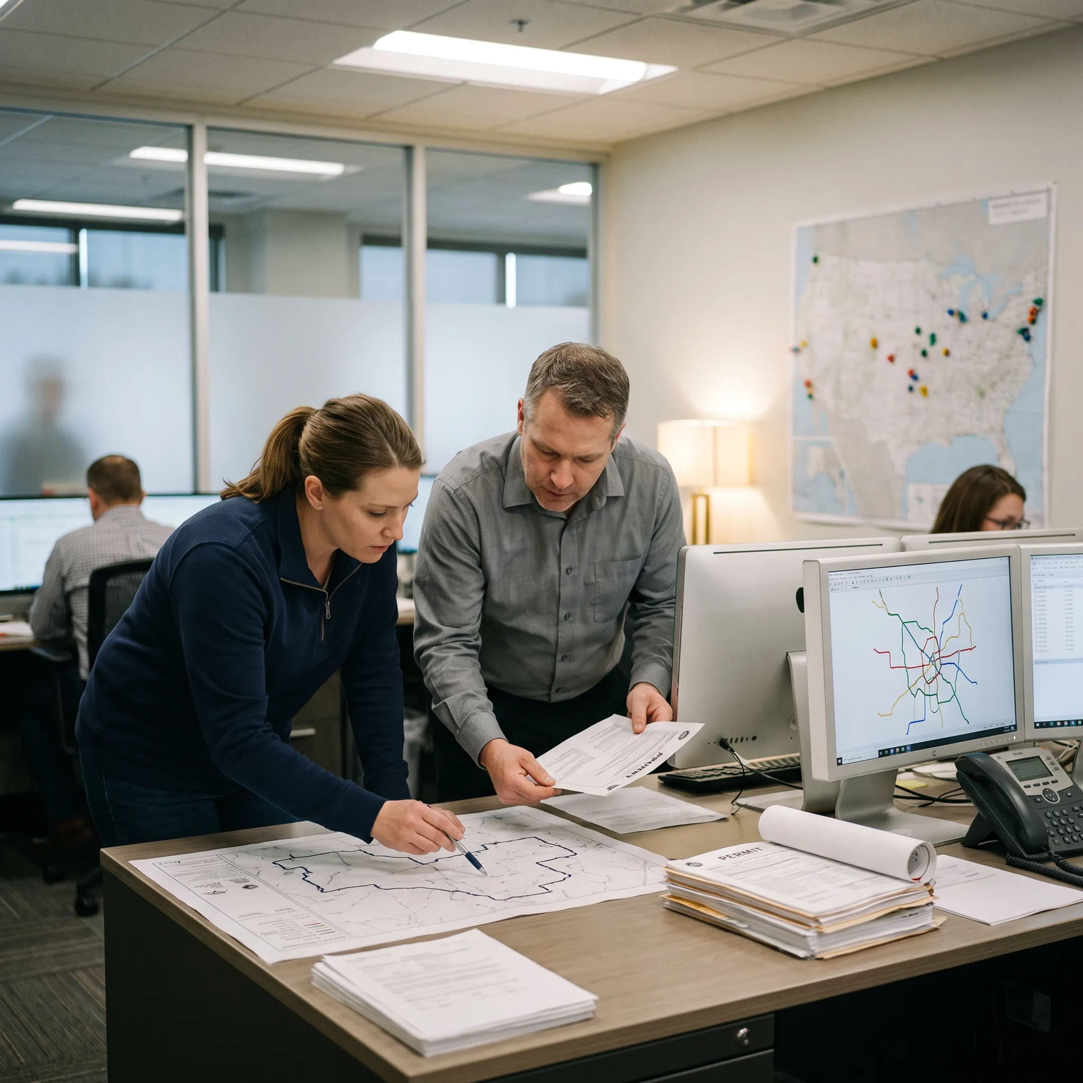 Logistics team planning industrial plant relocation