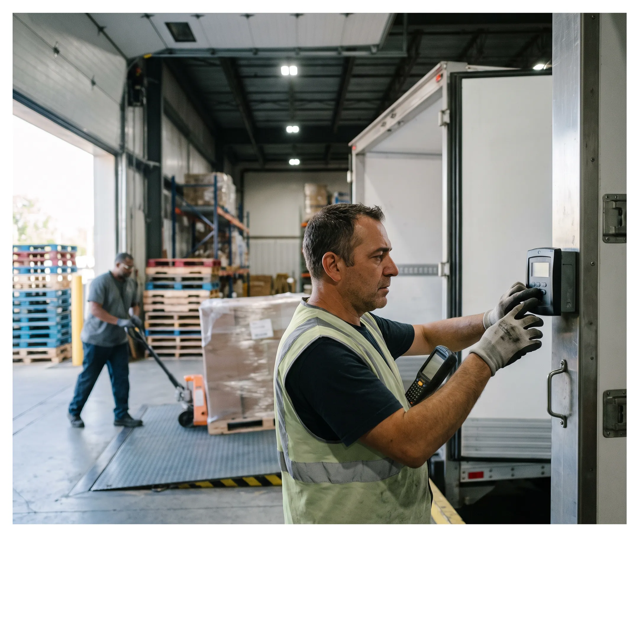 Refrigerated trailer being loaded at a warehouse dock