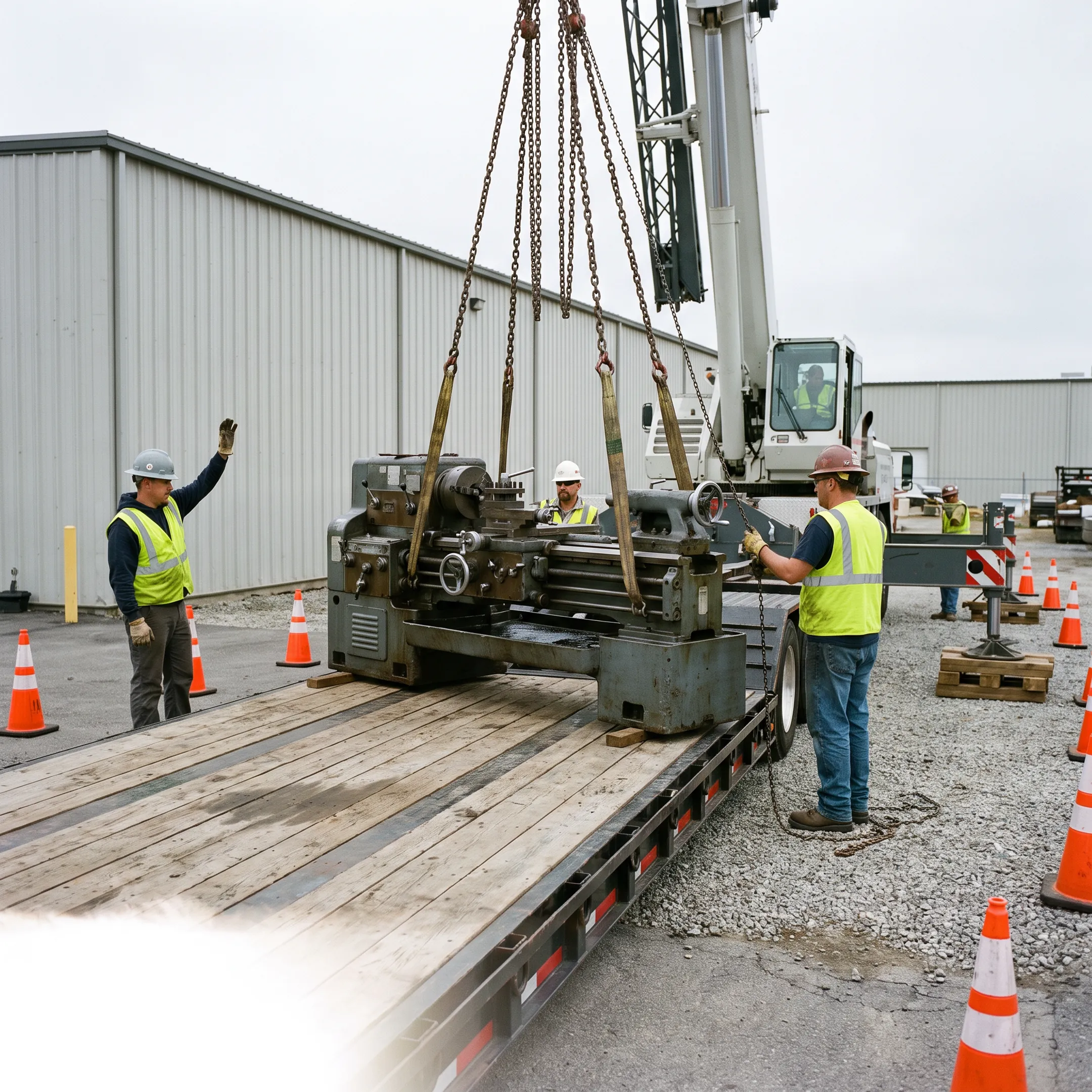 Rigging crew loading a heavy industrial lathe