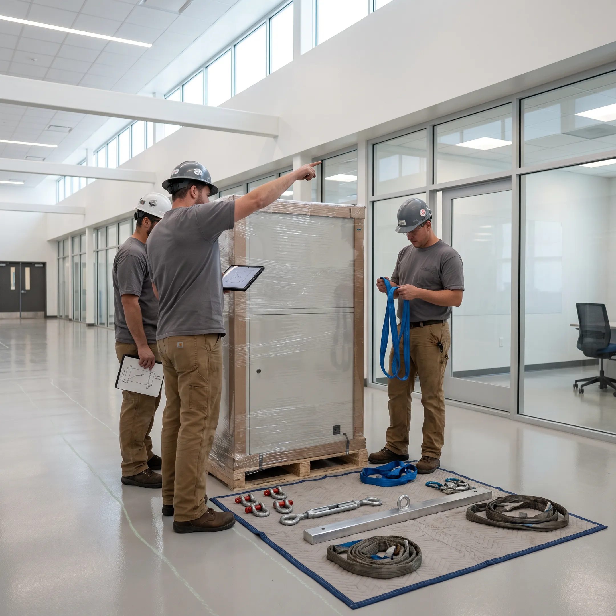 Technicians coordinating laboratory equipment rigging