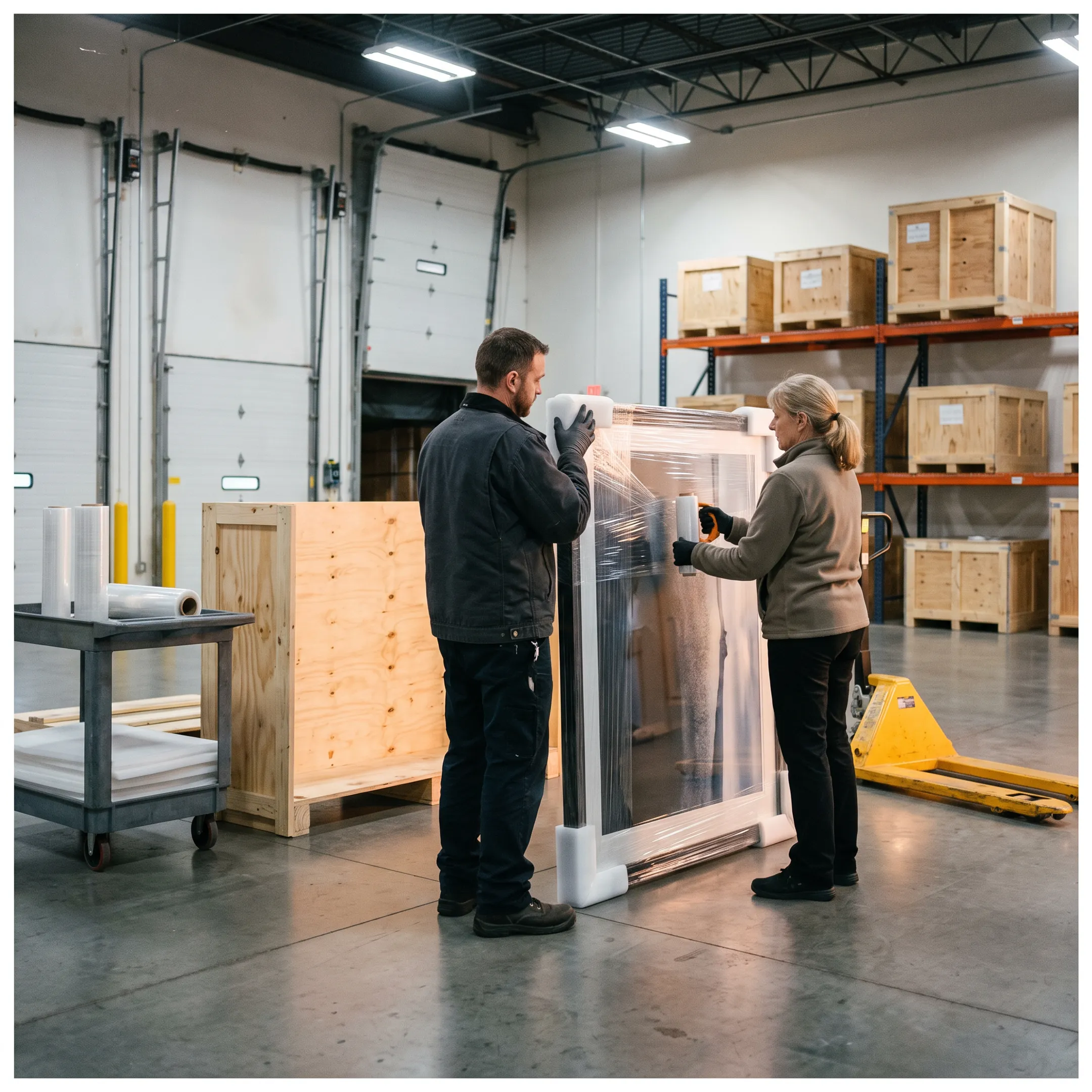 Logistics team preparing protected artwork for shipment