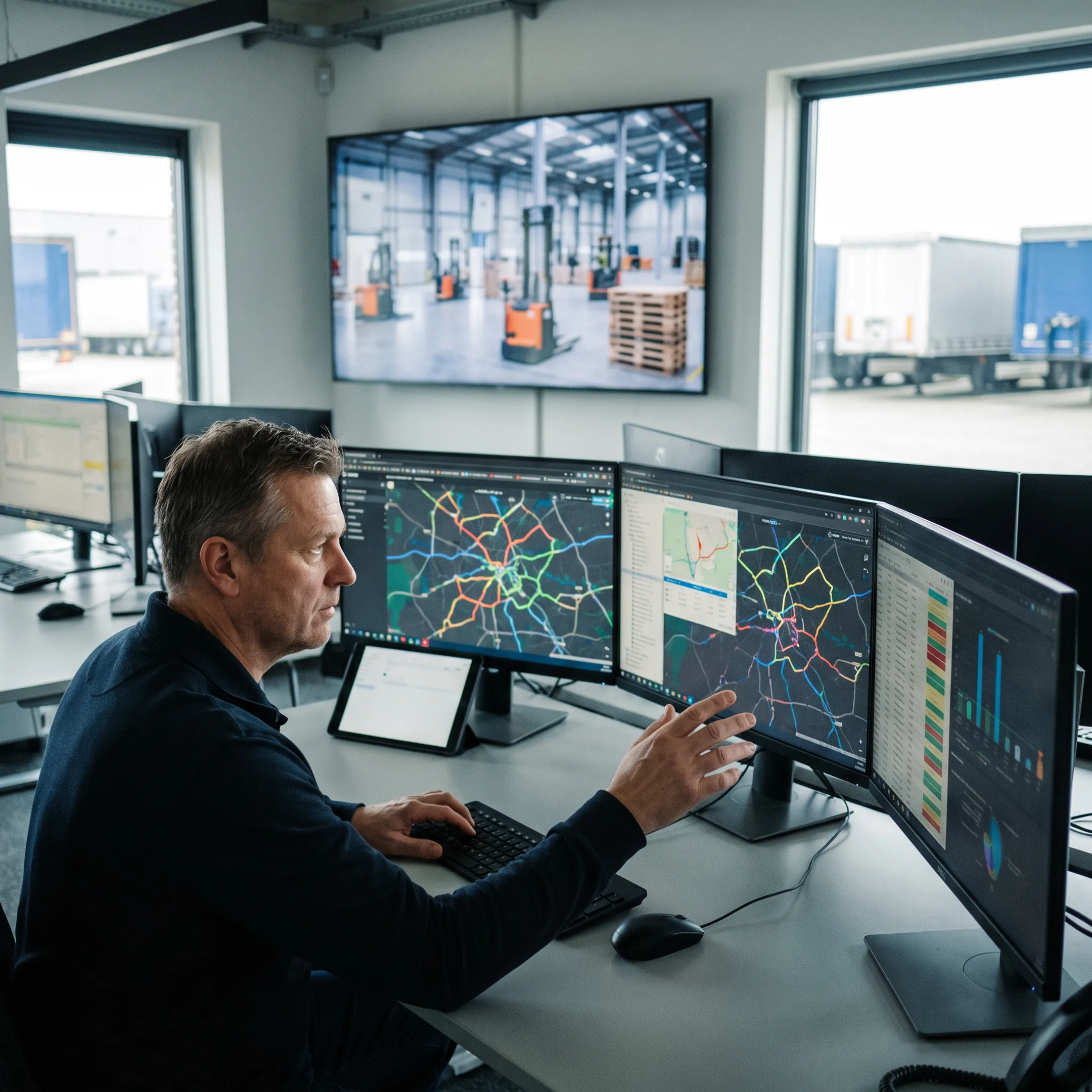 Freight coordinator tracking shipments on logistics screens